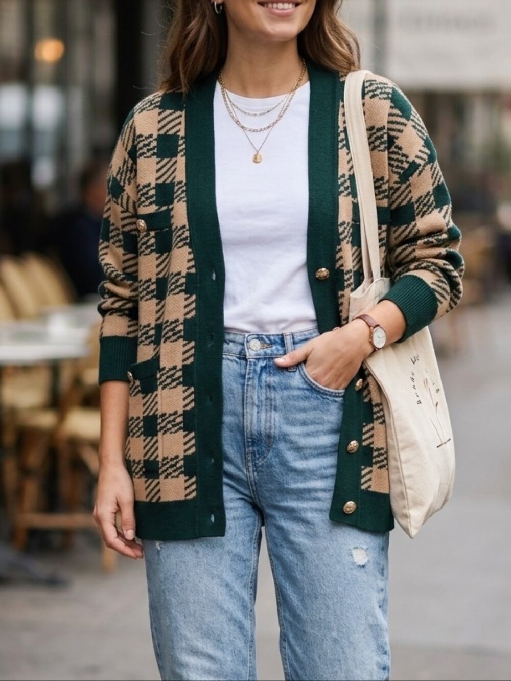 NWT Philosophy Republic Clothing Oversized Houndstooth Cardigan Sweater Gold But - Picture 2 of 12